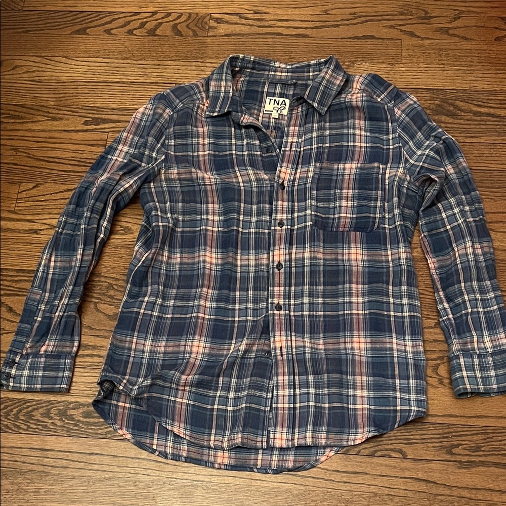 TNA Navy and Pink Plaid Button Down Shirt.